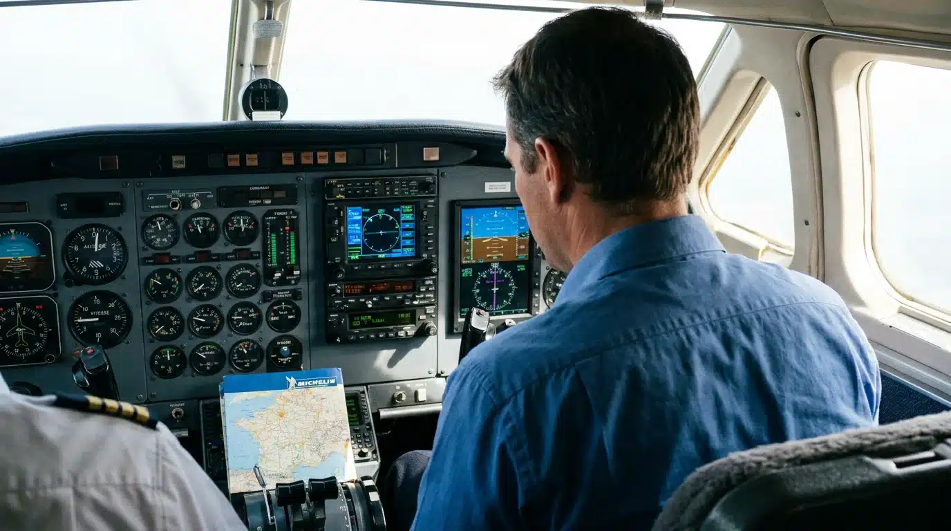 Tableau de bord d'un cockpit d'avion de ligne avec instruments de vol analogiques et numériques