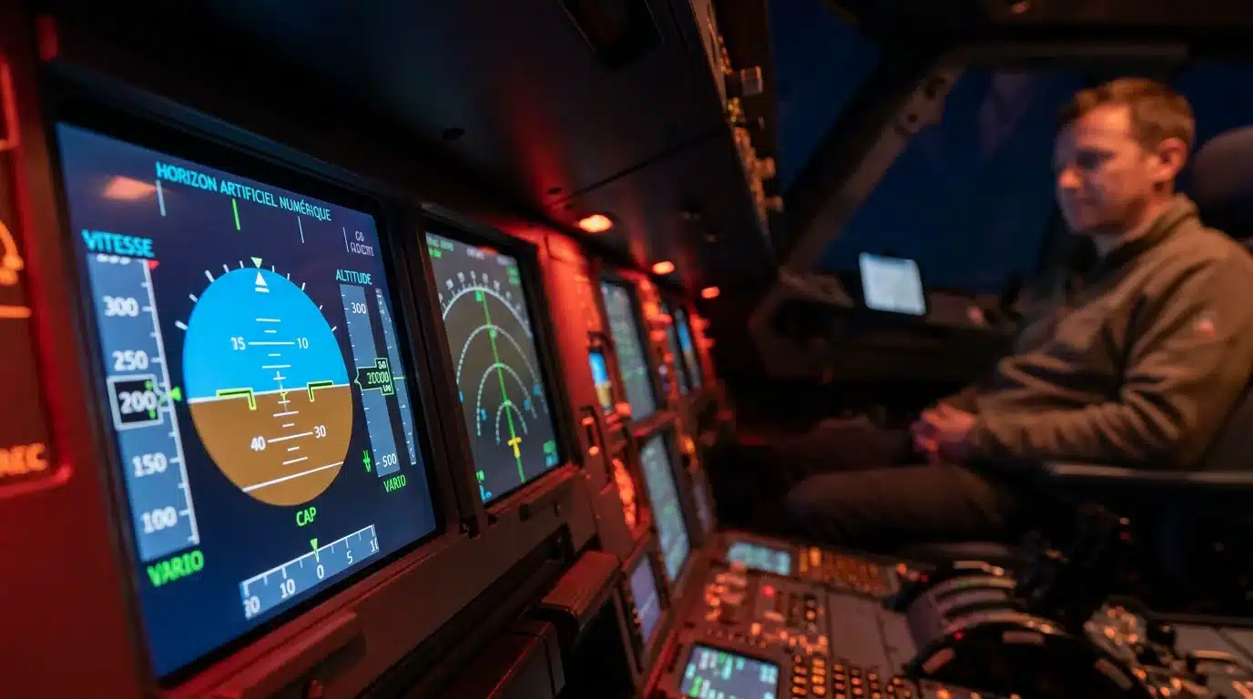 Écran numérique PFD dans un cockpit d'avion de ligne moderne