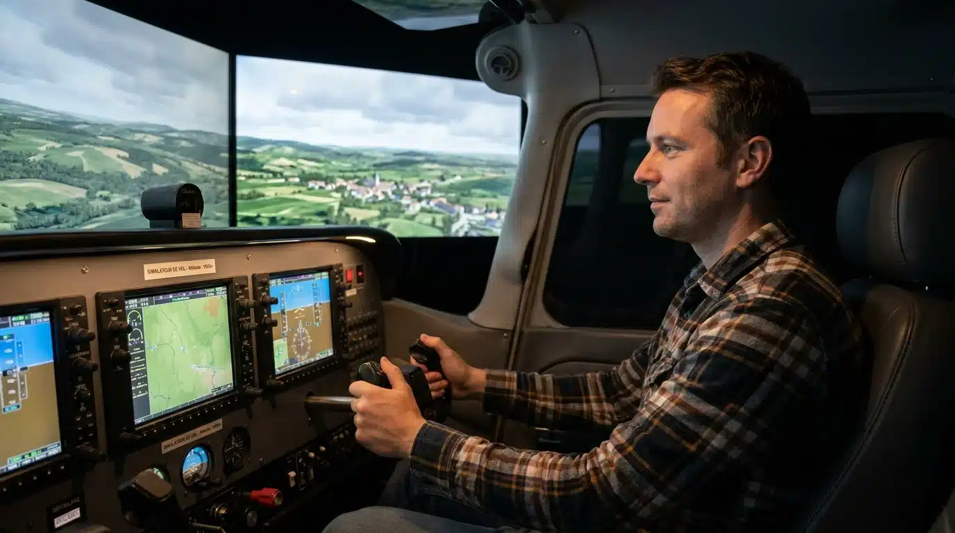 Pilote dans un cockpit de simulateur d'avion réaliste en France