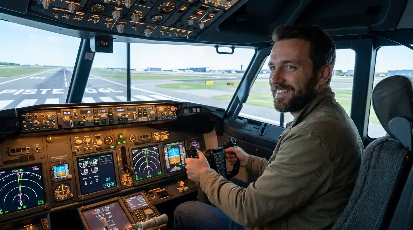 Un homme dans un cockpit de simulateur de vol réaliste avec des instruments de bord allumés
