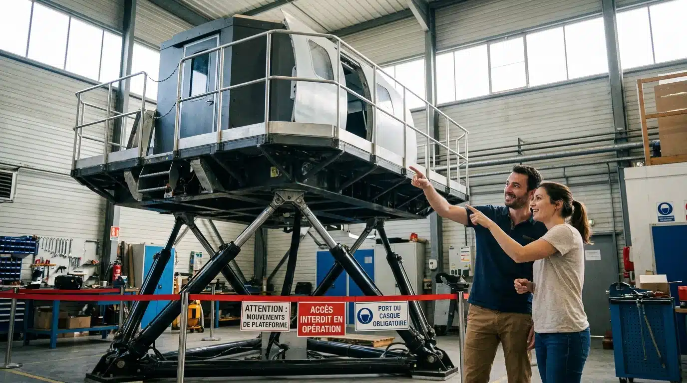 Un simulateur de vol dynamique sur vérins observé par deux personnes dans un centre de simulation