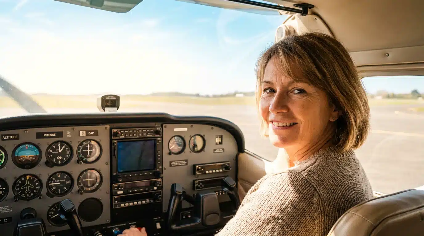 Femme souriante aux commandes d'un cockpit de simulateur de vol