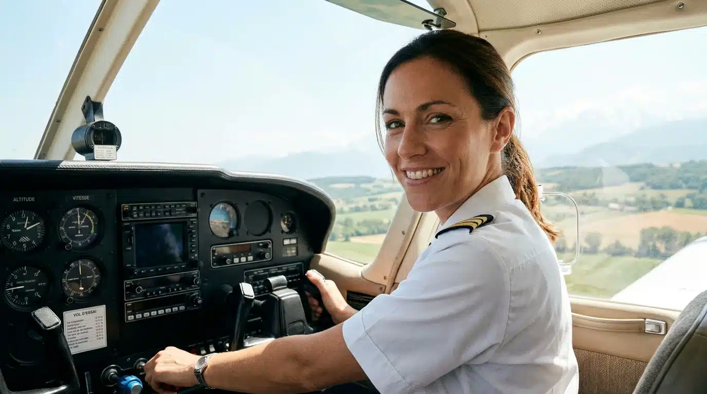 Femme pilote souriante devant un tableau de bord de cockpit