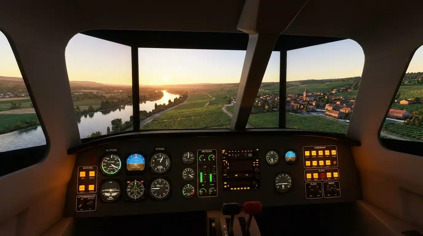 Cockpit de simulateur de vol avec instruments de bord et écran panoramique