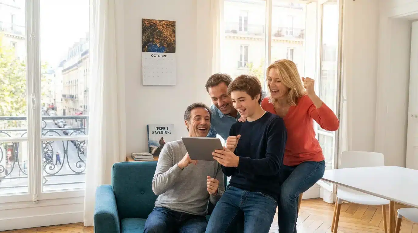 Famille enthousiaste découvrant une expérience de simulateur de vol en France