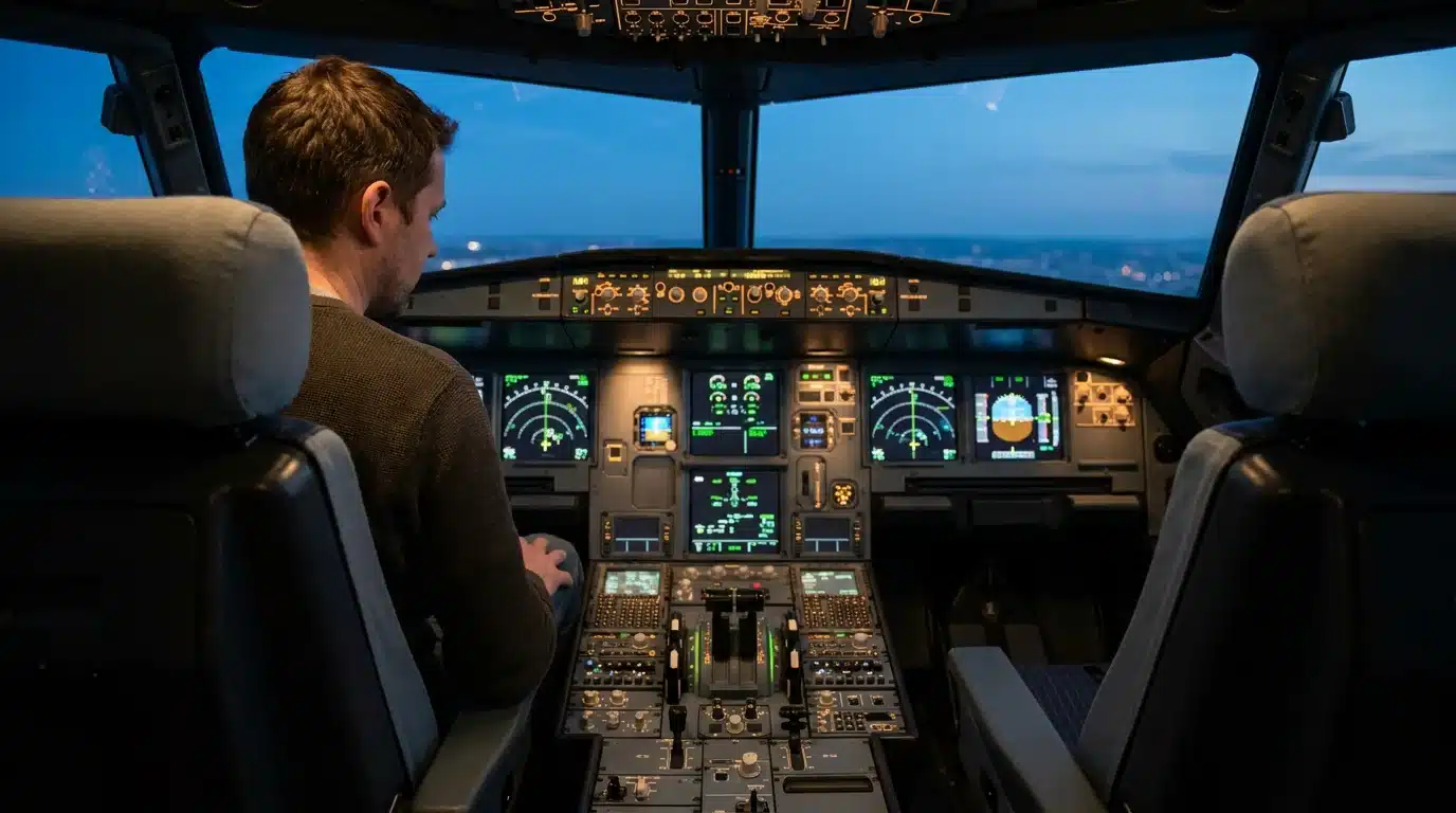 Vue intérieure d'un cockpit d'avion de ligne moderne avec pilote européen aux commandes