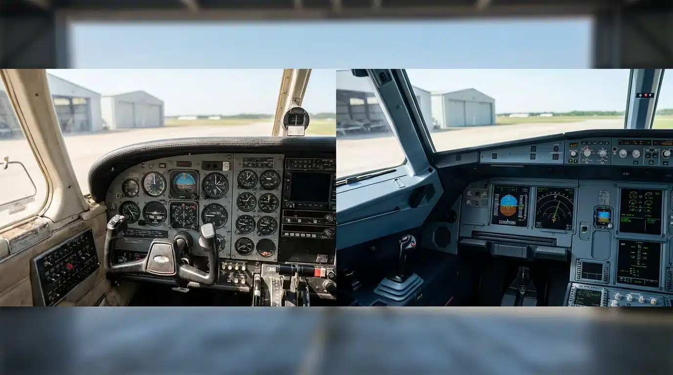 Comparaison entre un cockpit d'avion ancien à cadrans et un cockpit moderne à écrans numériques