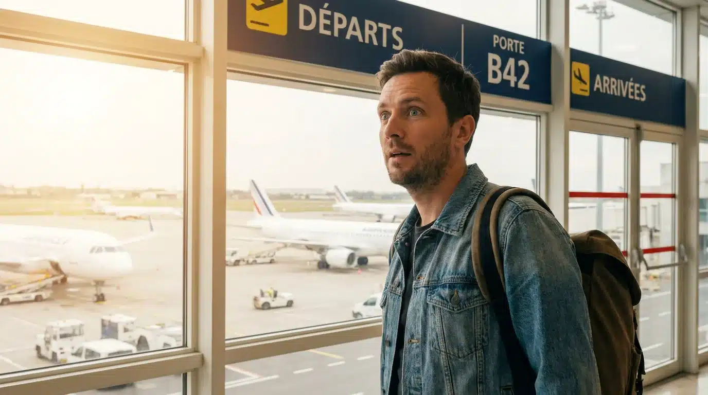 Homme européen admirant des avions depuis un aéroport en France