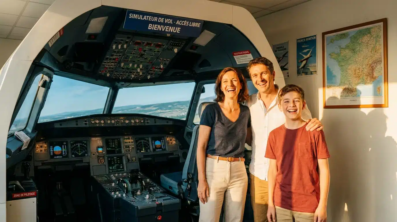 Famille européenne souriante devant un cockpit de simulateur de vol