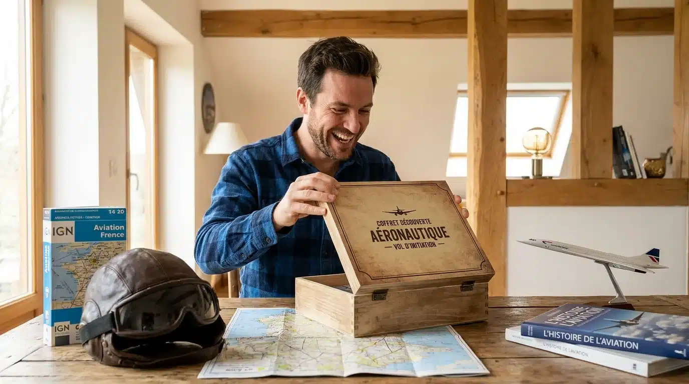 Homme européen souriant en découvrant un cadeau sur le thème de l'aviation