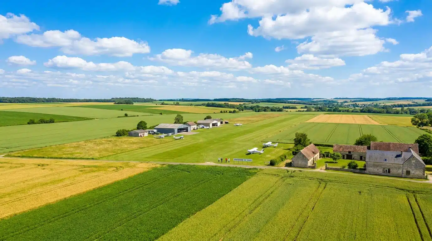 Vue aérienne du Vexin Français avec un aérodrome en arrière-plan
