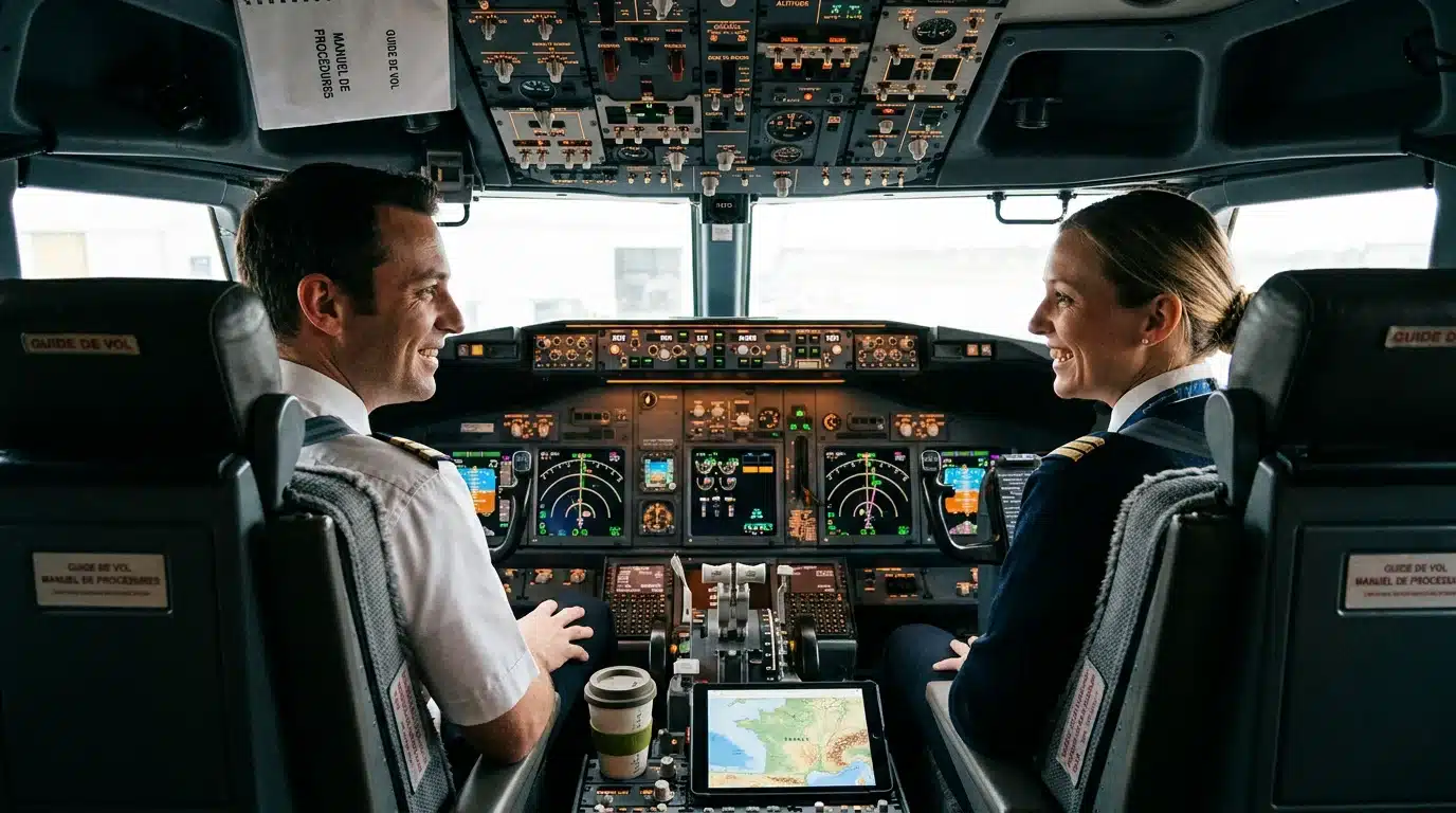 Intérieur d'un cockpit de Boeing 737 avec deux pilotes en simulation
