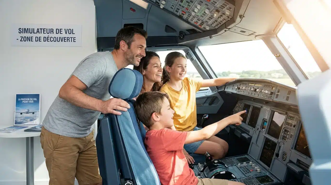 Famille européenne découvrant un cockpit de simulateur de vol en France