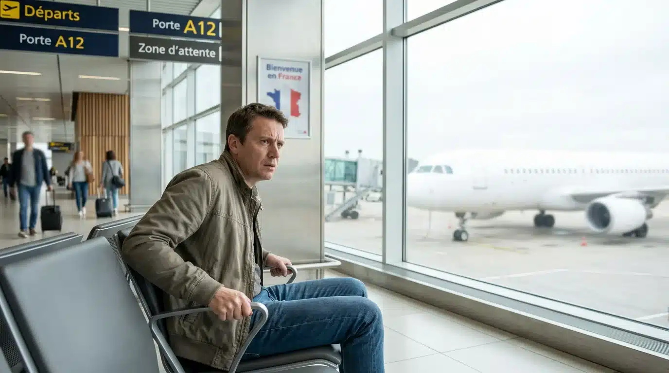 Personne anxieuse dans un terminal d'aéroport regardant un avion avant l'embarquement