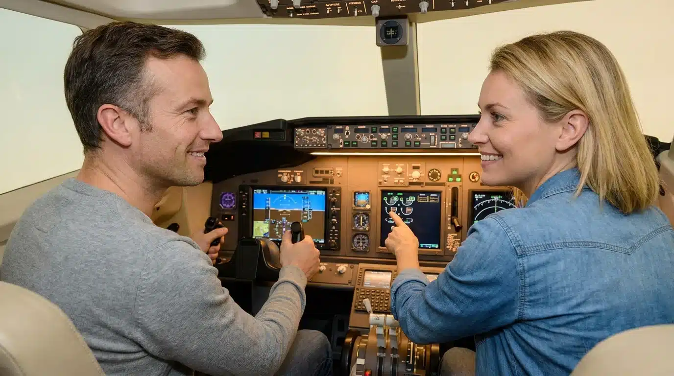 Deux participants souriants dans un cockpit de simulateur de vol lors d'un stage contre la peur en avion