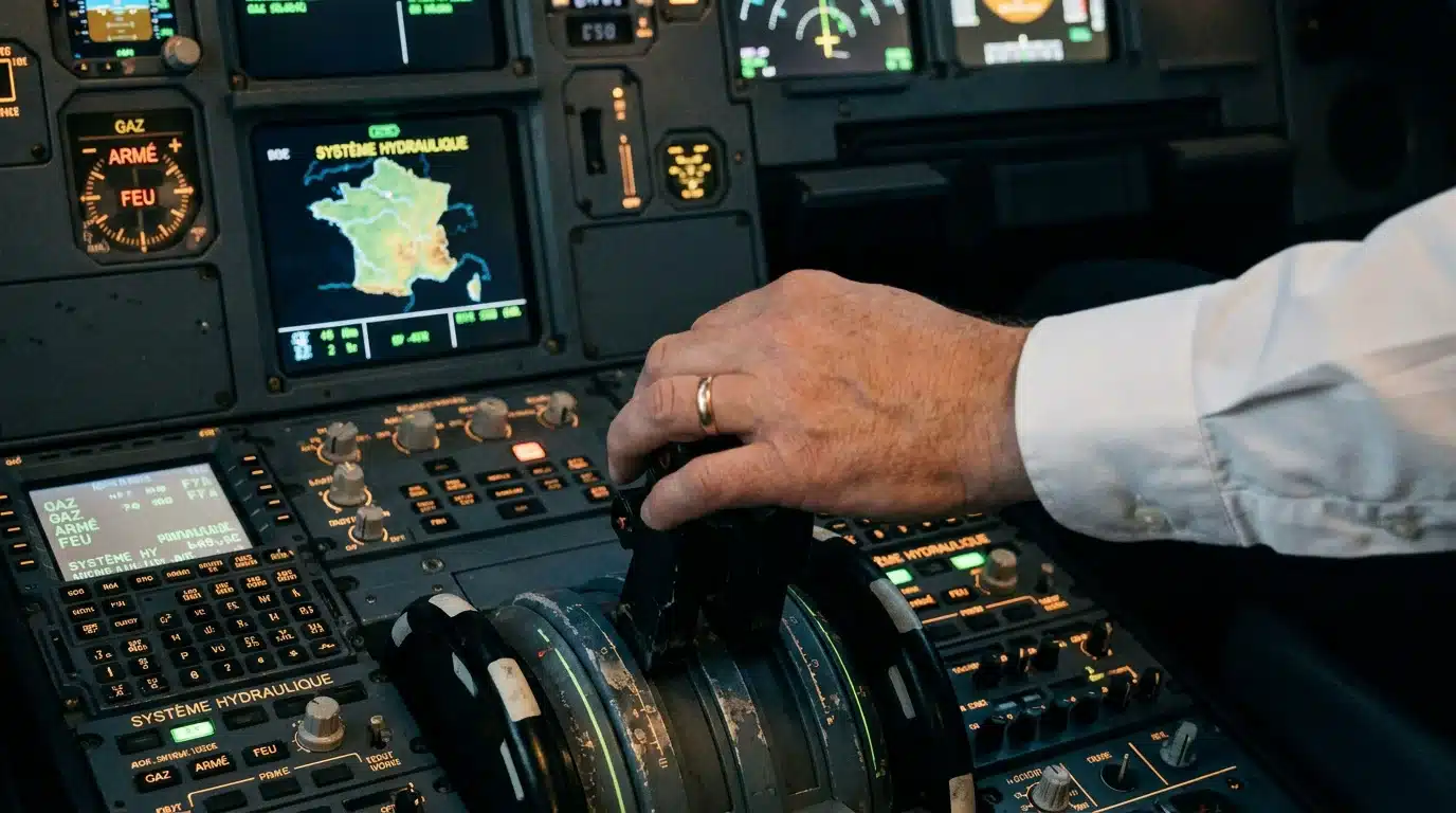 Gros plan sur les mains d'un pilote sur les commandes d'un simulateur de vol immersif
