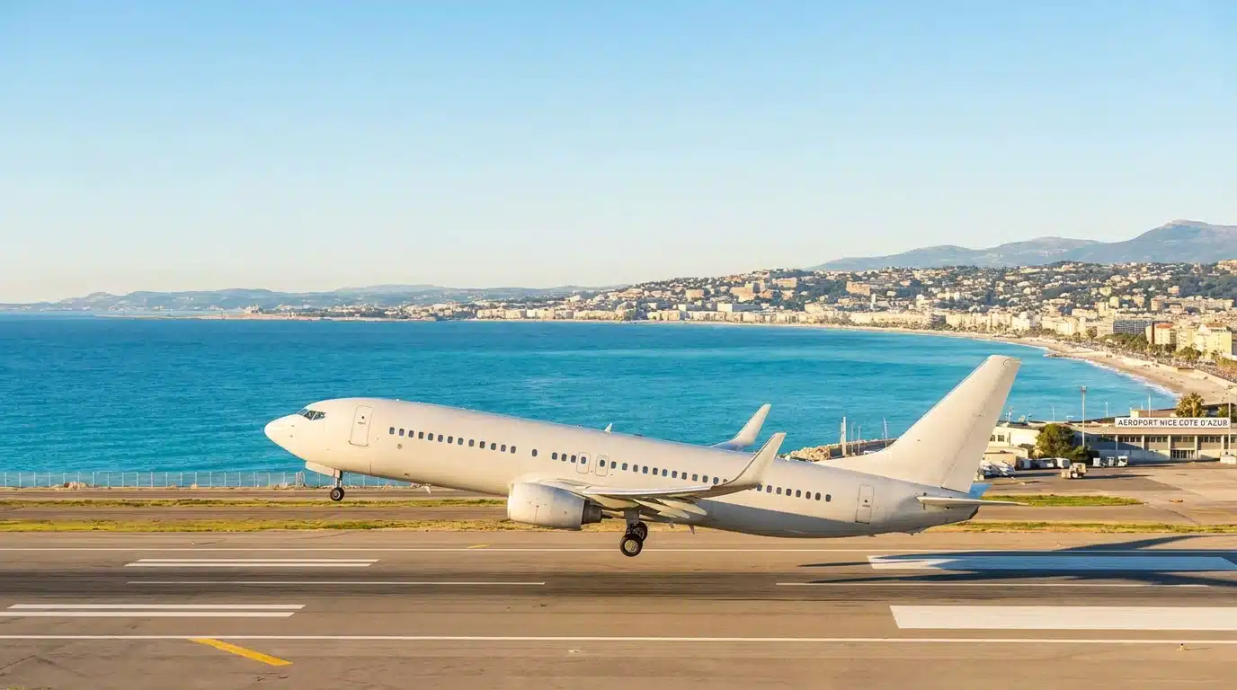 Boeing 737 décollant de Nice avec la Méditerranée en arrière-plan