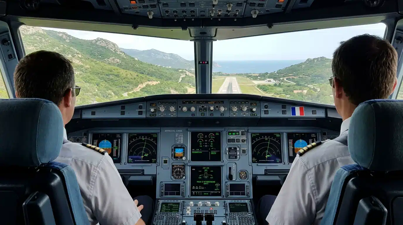 Vue cockpit en approche ILS piste 02 à Ajaccio avec montagnes corses