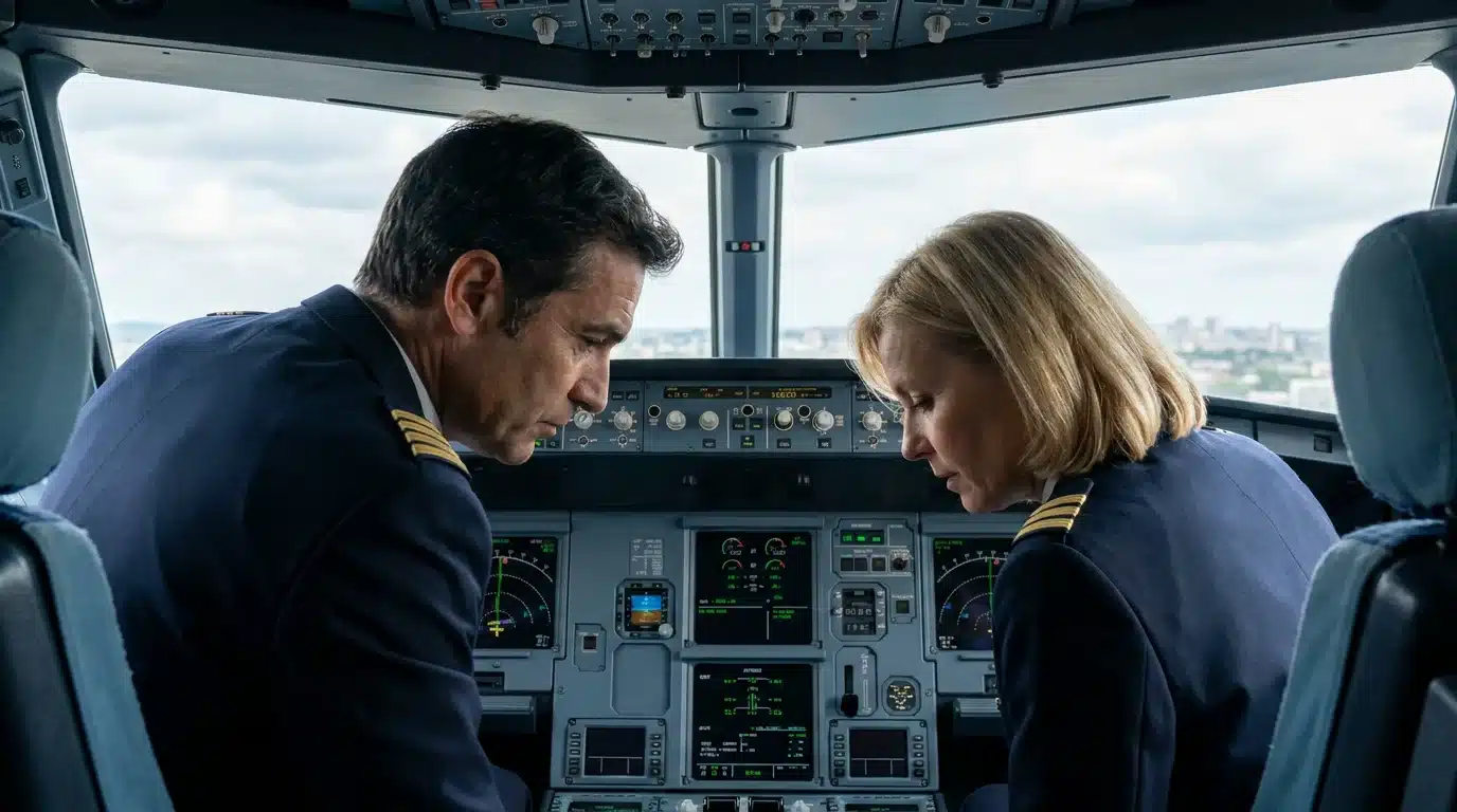 Deux pilotes en uniforme dans le cockpit d'un avion de ligne, assis côte à côte aux commandes