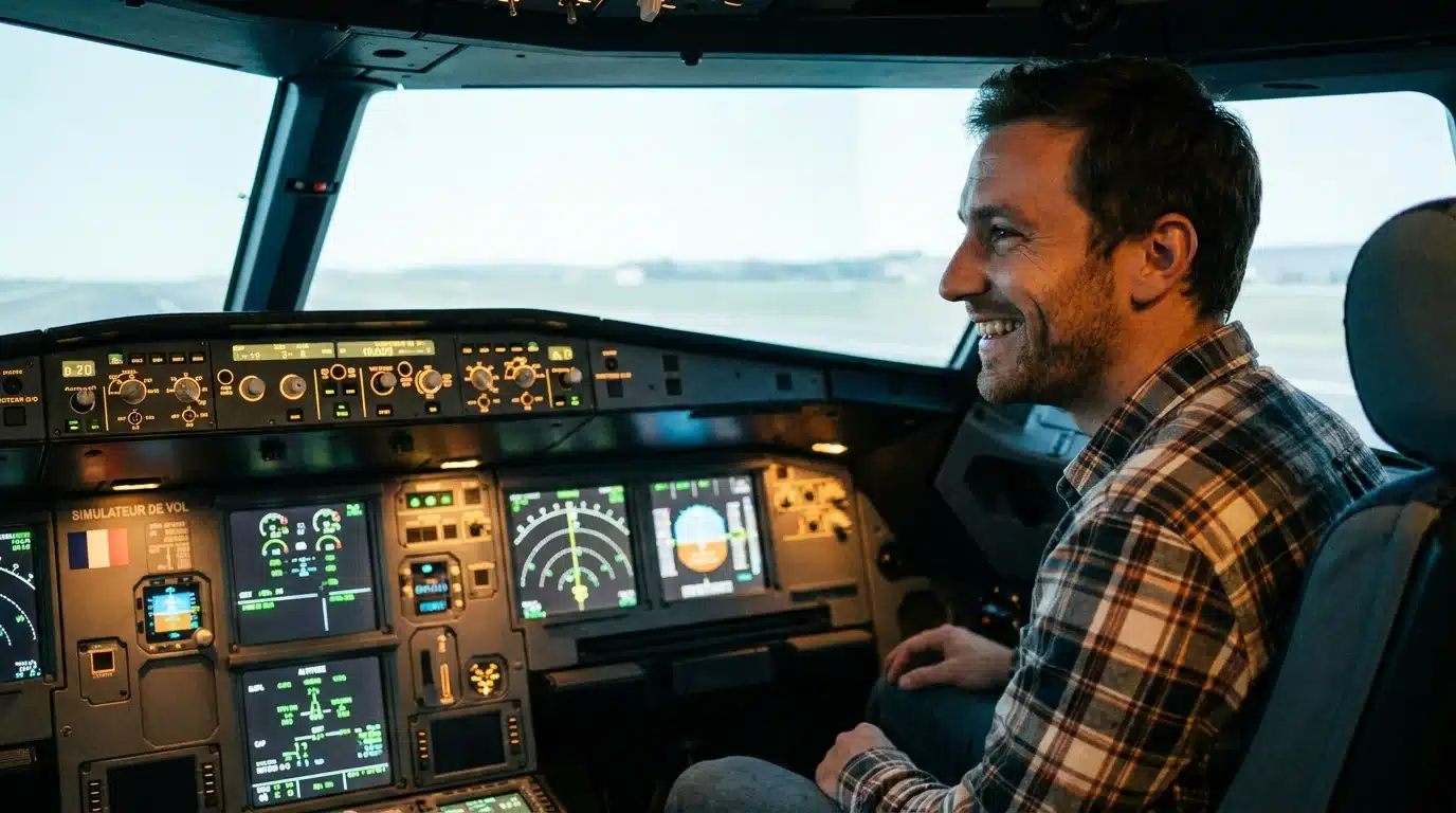 Homme souriant aux commandes d'un simulateur de vol en cockpit