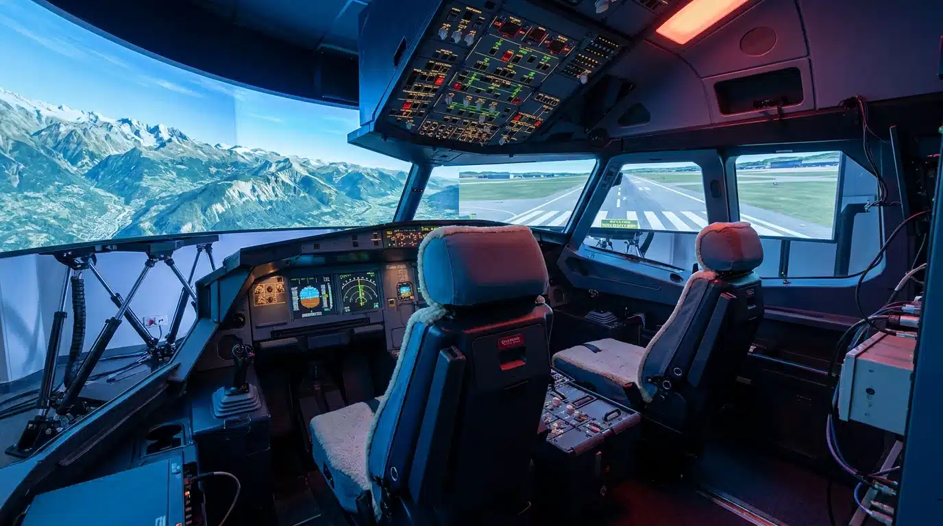 Cockpit de simulateur de vol professionnel avec vérins et écrans panoramiques