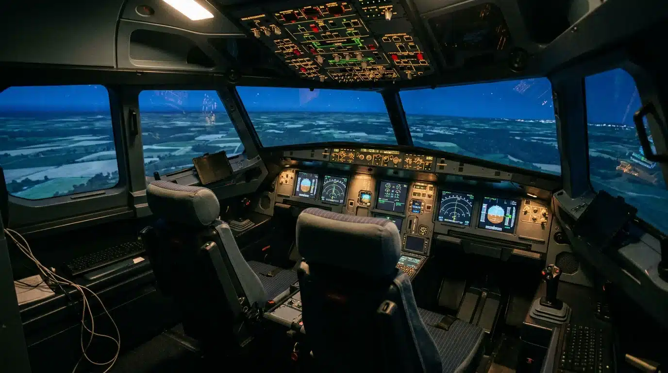 Cockpit réaliste de simulateur de vol Boeing 737 avec instruments lumineux