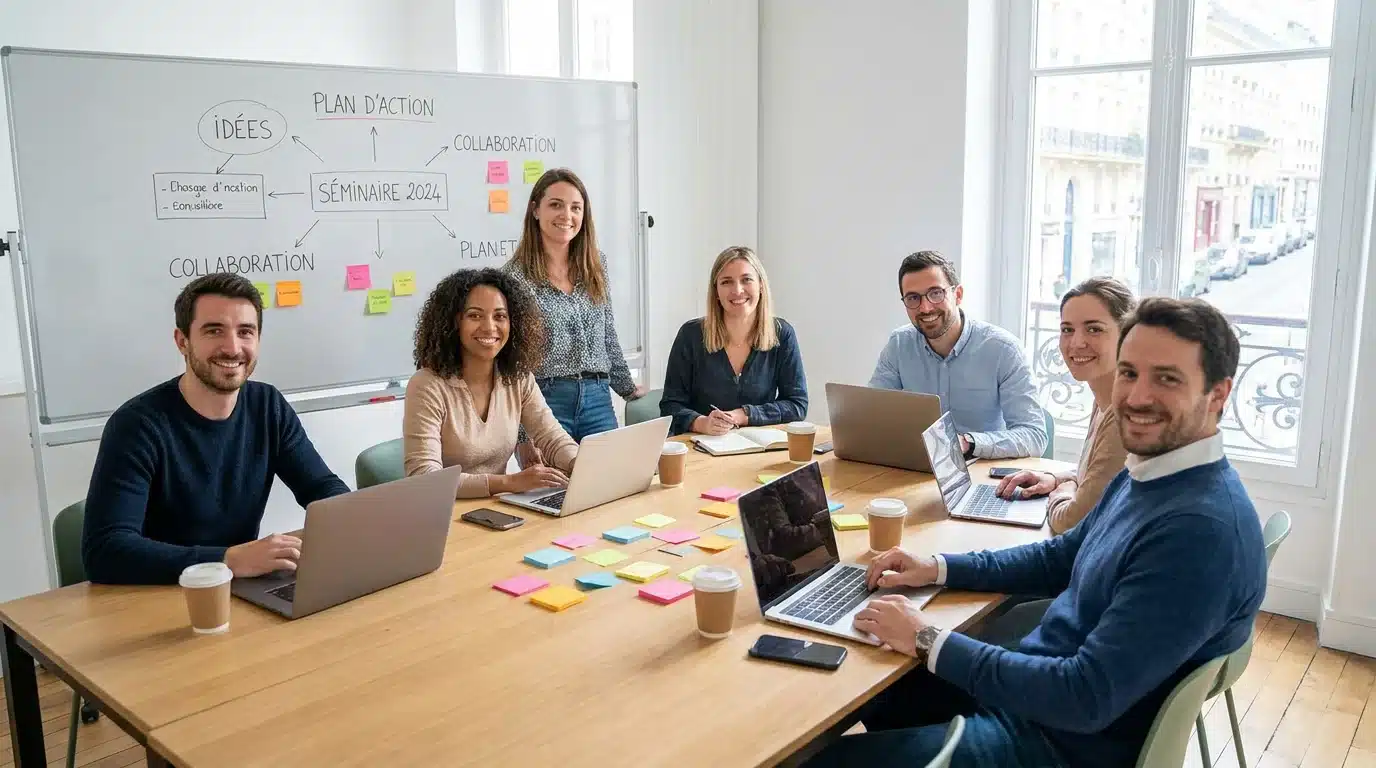 Groupe de collègues européens en séminaire d'entreprise autour d'une table de travail conviviale