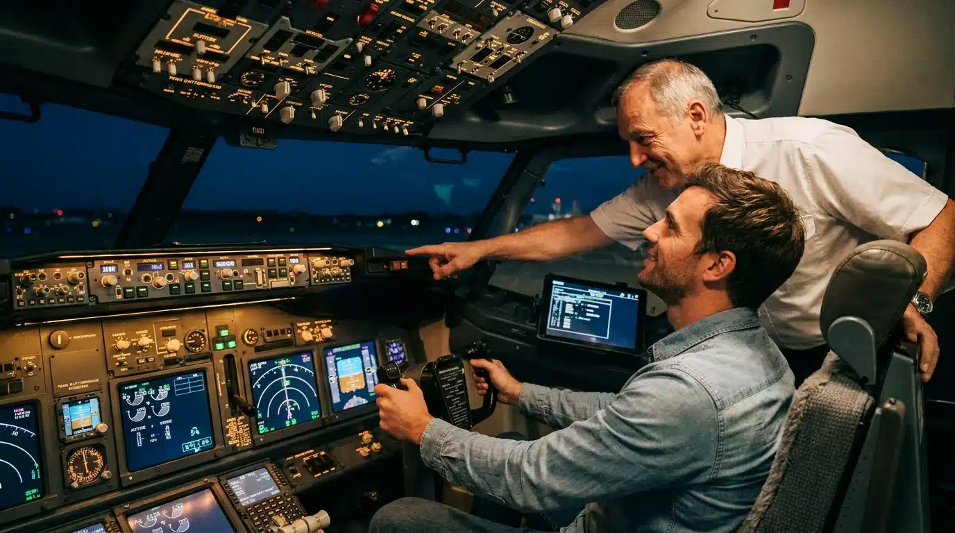 Intérieur réaliste d'un cockpit de simulateur de vol avec un pilote et un instructeur