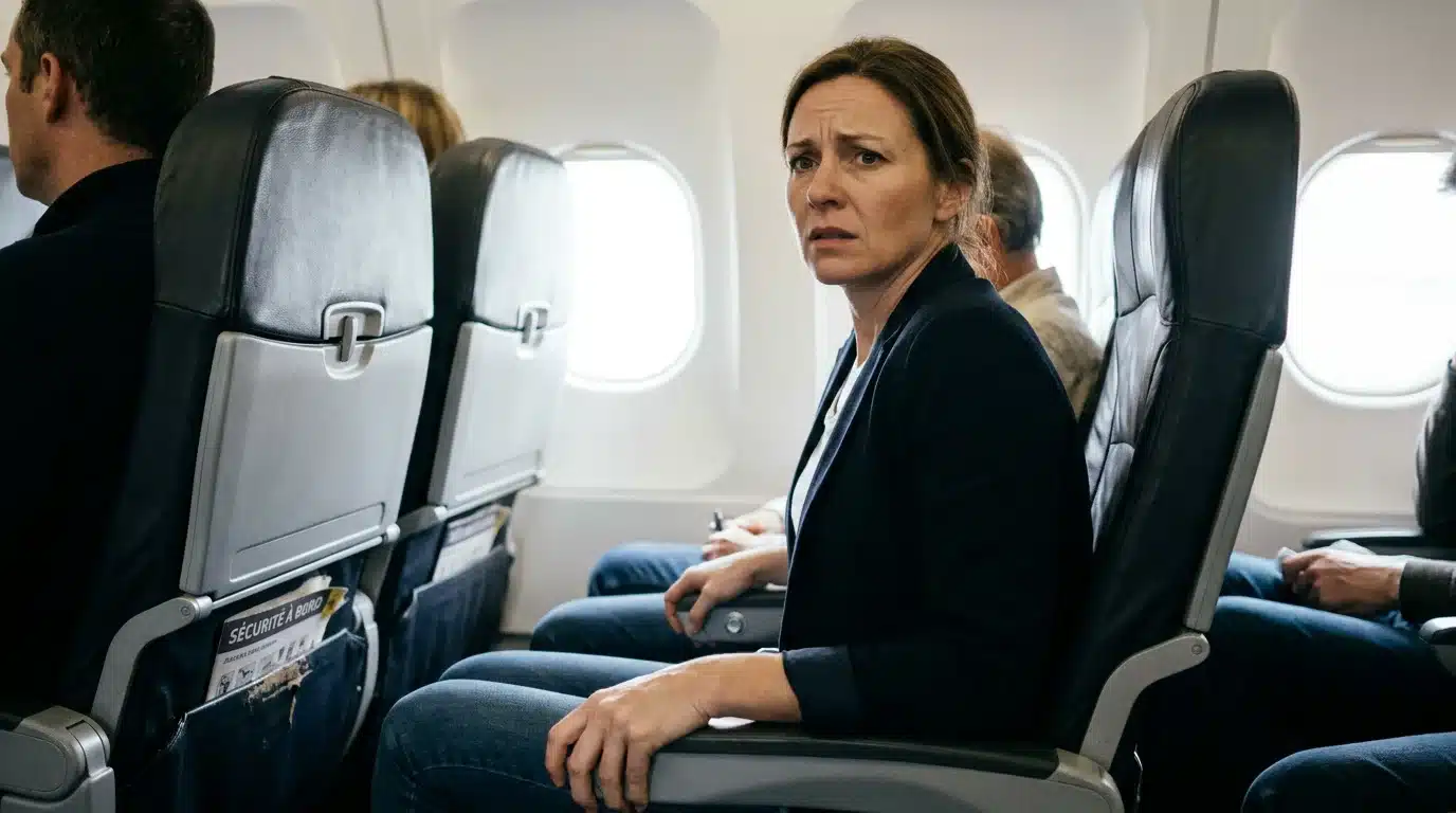 Passager européen agrippant les accoudoirs dans un avion, illustrant la peur de voler