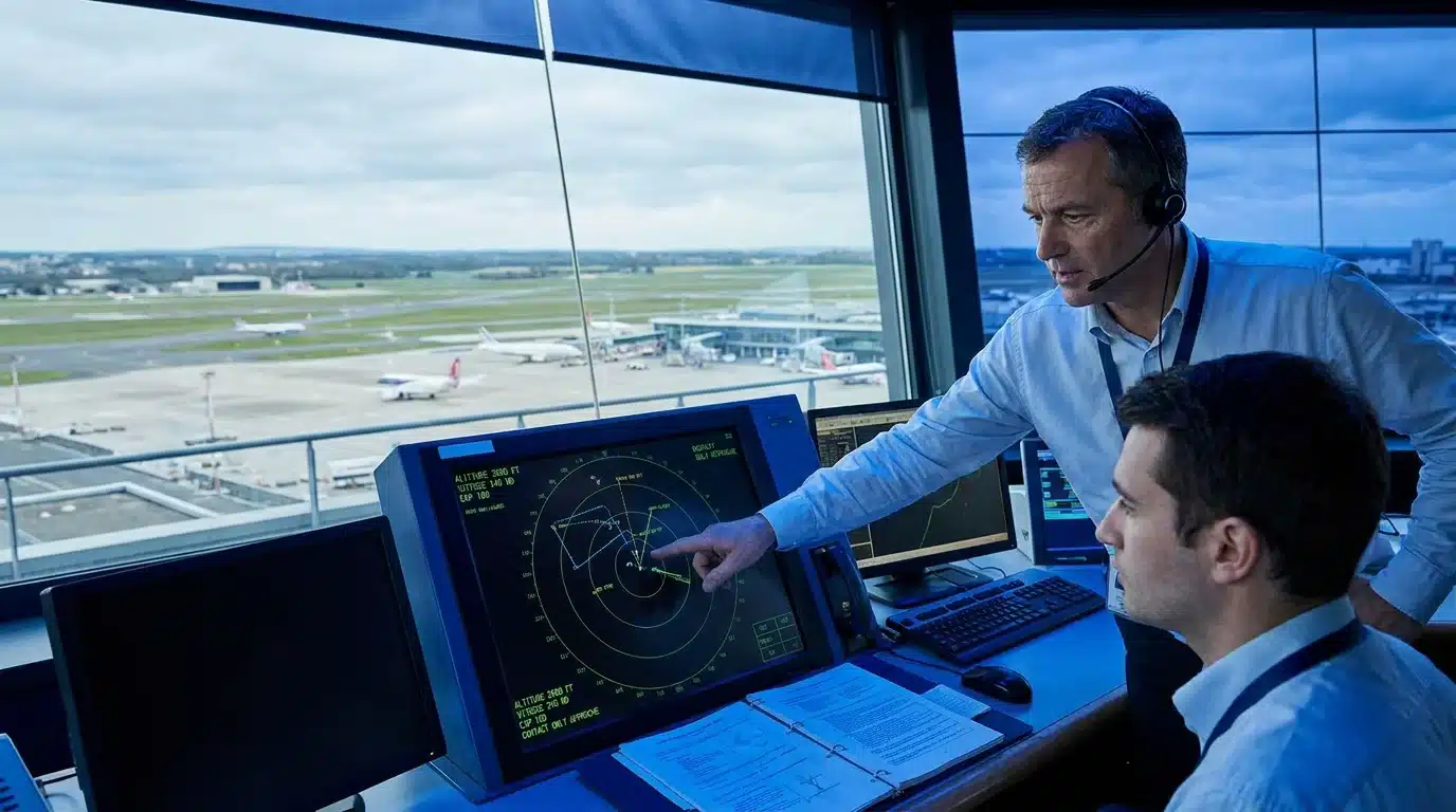 Tour de contrôle avec écrans radar et instructeur guidant une session de simulation de pilotage