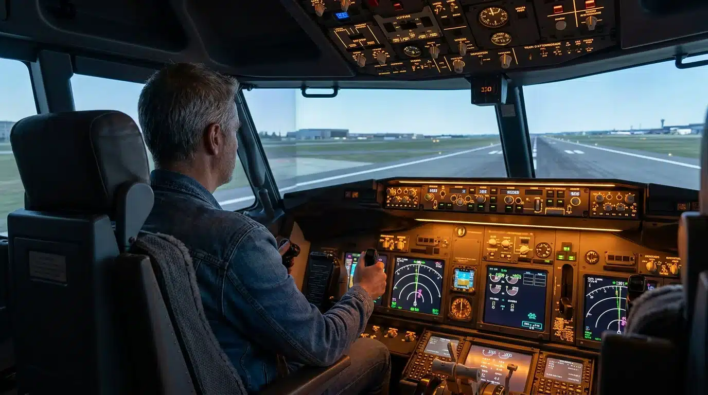 Intérieur d'un cockpit de simulateur de vol avec instruments de bord et vue sur une piste