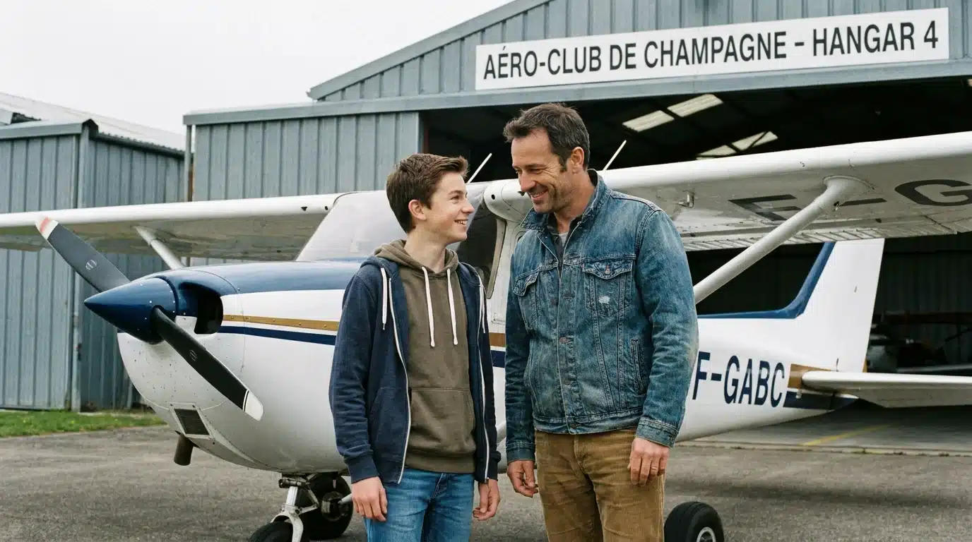 Un père et son fils devant un hangar d'aérodrome en Île-de-France